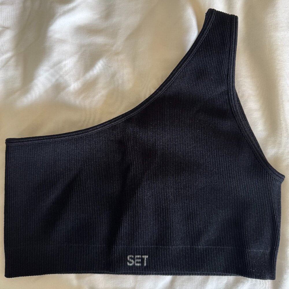 SET Active Sculptflex Ribbed One Shoulder Bra, color Onyx, women's size medium